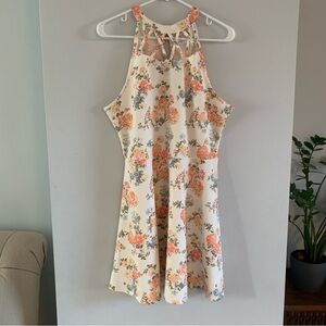 Floral Dress A Line High Neckline Sleeveless Above Knee Ivory Pink Size XL 15 17